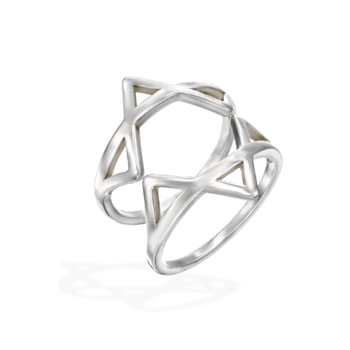 The sterling silver Star of David Ring with both pieces together, forming the complete Star of David.